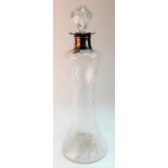 Victorian silver collar wrythen fluted clear glass decanter & stopper, the stopper with five applied