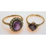 Yellow metal amethyst and seed pearl set cluster ring; together with a 9ct gold amethyst set