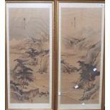 Pair of Chinese watercolour on silk scrolls, both depicting mountainous river landscapes, signed