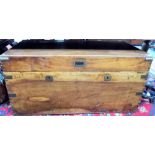 19th Century teak & camphor wood lined campaign trunk, the hinge lidded top with brass recessed