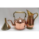 Copper and brass kettle; together with a copper and brass ewer and brass funnel (3).