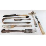 Miscellaneous silver, to include a pair of George III sugar tongs, Victorian Kings pattern dessert