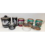 Collection of prattware including three mugs, a pot and pot lid and a Greek design tobacco jar,