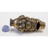 Early Victorian silver gilt teething whistle, foliate scroll & gadrooned embossed, inscribed with