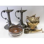 Miscellaneous metals including an oriental brass censor cast as a cabbage, the lid wih snail finial,