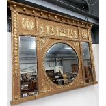 Neoclassical style gilt gesso applied rectangular triple over mantel mirror, the moulded top applied