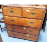 19th Century teak two-section campaign chest with two short drawers over three long drawers with