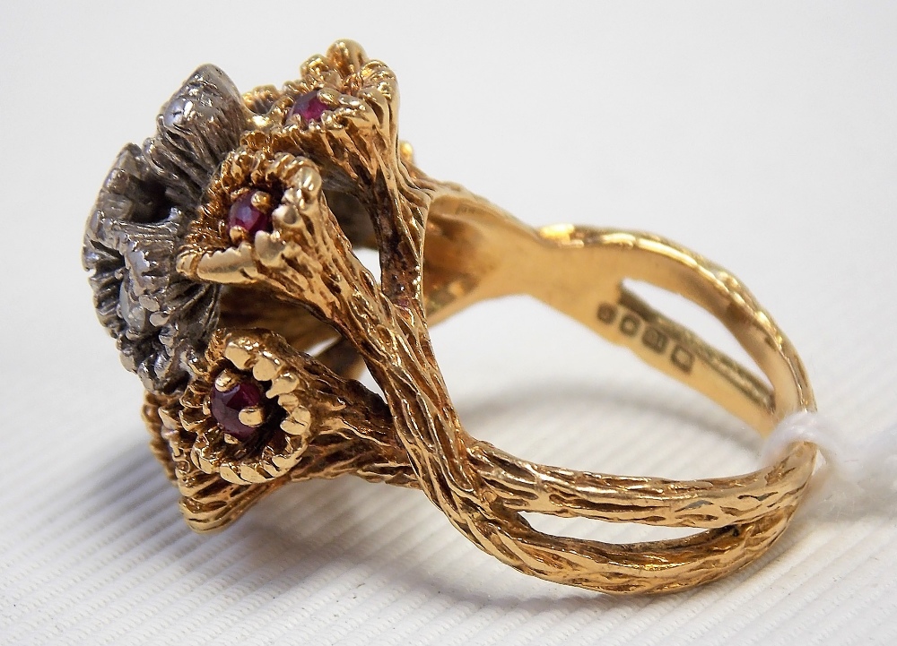 Interesting 18ct textured gold diamond & ruby cluster ring, the stones set in a flower head the - Image 2 of 2