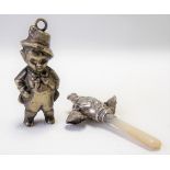 Silver rattle with mother of pearl teether, Birmingham 1918; together with a silver plated figural