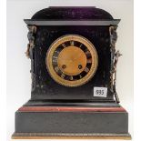 Victorian block slate & red marble two-train mantel clock, height 30cm
