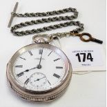 Waltham silver engine turned case pocket watch with 40mm white enamel dial & on a silver plate