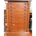 Victorian stained pine Wellington small specimen chest of ten drawers upon a plinth base, height