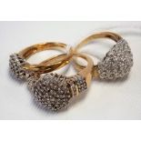 Three 9ct gold diamond cluster rings, weight 13.7g approx.