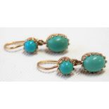 Pair of 9ct hallmarked gold turquoise cabochon claw set drop earrings, hallmarked London 1978,