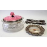 Art Deco silver and pink guilloche enamel lid cut glass powder pot, Birmingham 1933, diameter