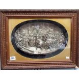 Continental silvered metal relief oval panel depicting a busy scene with knights on horseback,