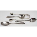 George III silver pair of sugar tongs, London 1810; together with three George III teaspoons, weight
