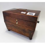 Regency rosewood veneered box strung tea caddy, the hinge lid revealing two compartments (one lid