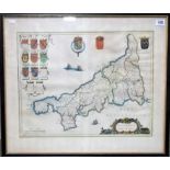 After JAN BLAEU - 17th Century hand coloured map of Cornwall 'Cornubia Sive Cornwallia', hand