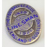 1920's silver and enamel football league England v Scotland linesman badge dated 1921, maker V&S,