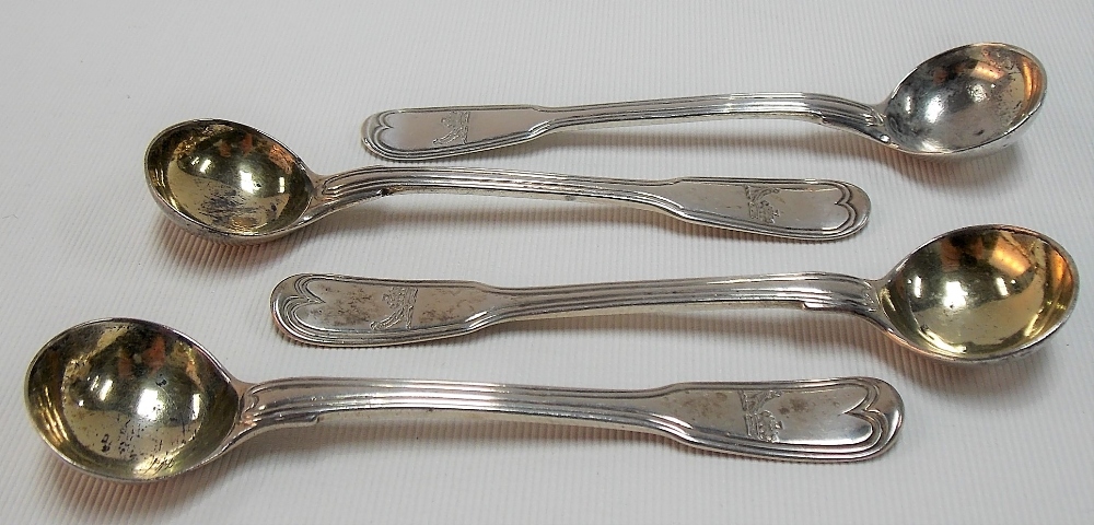 Two pairs of George III silver fiddle thread pattern mustard spoons, London 1802; together with