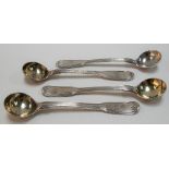Two pairs of George III silver fiddle thread pattern mustard spoons, London 1802; together with