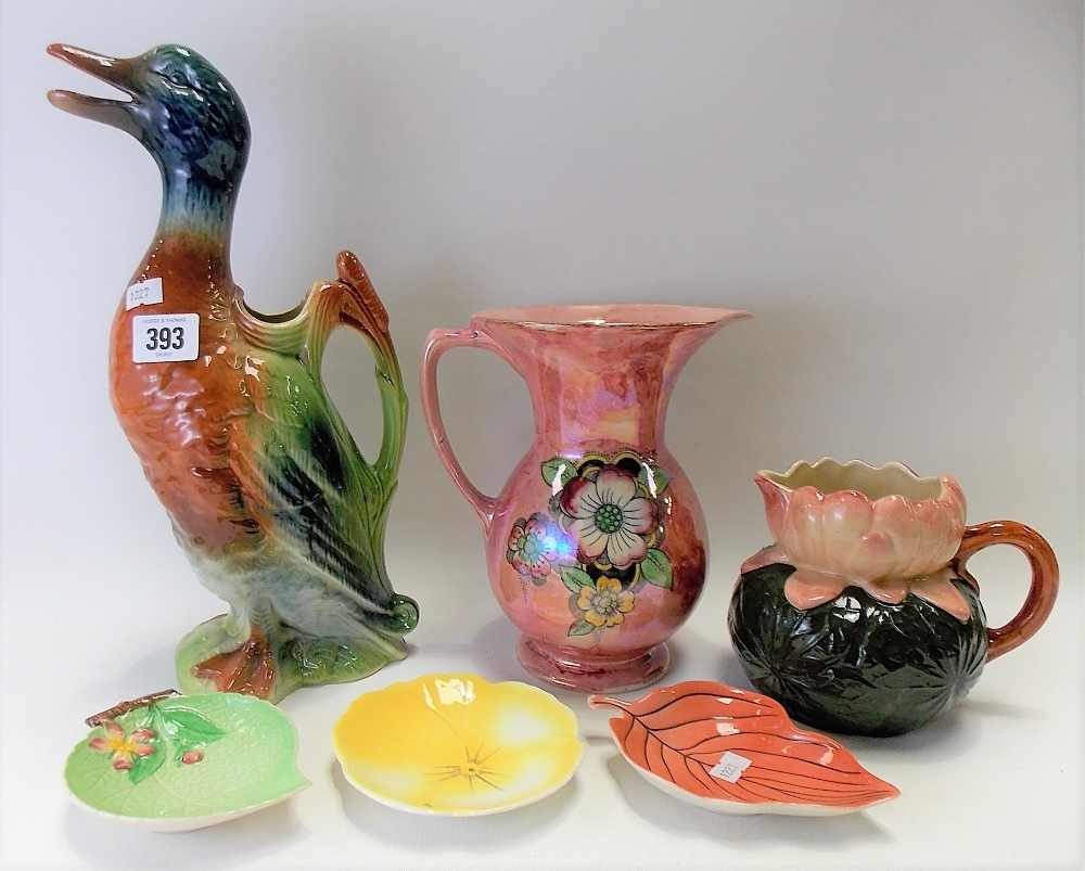 Two Carlton Ware leaf moulded Australian design dishes together with a 1930's pottery duck shaped