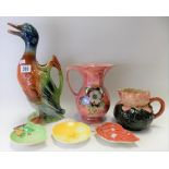 Two Carlton Ware leaf moulded Australian design dishes together with a 1930's pottery duck shaped