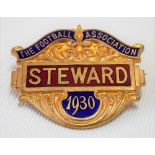 A 1930 Football Association 'STEWARD' badge, gilt metal & enamel by Denton & Down, 22 Ely Place, E.