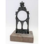 Victorian bronze gothic cast & pierced pocket watch stand upon rectangular marble base, height 18cm