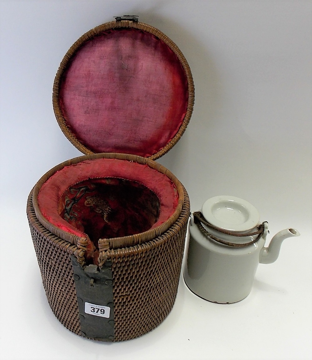 A Chinese teapot basket with padded silk interior; together with a Chinese white glazed teapot, - Image 2 of 2