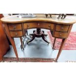 Edward mahogany inlaid ladies kidney shaped writing table, the green gilt tooled leather inset