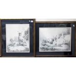 AFTER GEORGE MORLAND Pair of black & white lithographs, mountain goats in a rocky landscape &