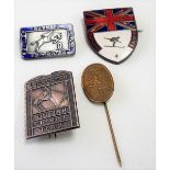 Three metal sporting badges, two with enamel; together with a Tokyo 1964 Olympics tie pin (4)
