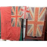 Three vintage printed cotton Union Jack flags, one possibly a ship's flag, with Union Jack on a