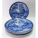 Set of four early 19th Century Spode blue and white transfer plates in Tiber pattern decorated