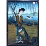 Chinese reverse painted glass panel depicting a woman in a garden, a lake beyond within black