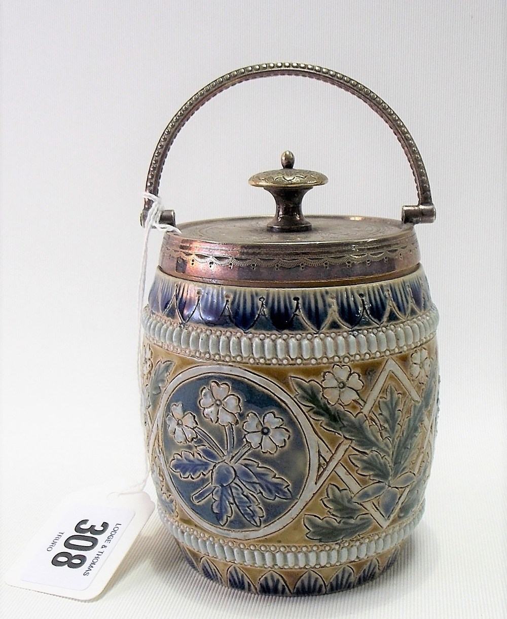 Doulton Lambeth tobacco jar and cover with swing handle, incised and relief floral banded