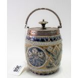 Doulton Lambeth tobacco jar and cover with swing handle, incised and relief floral banded