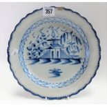 18th Century English blue & white feather edged dish depicting a pagoda building, diameter 25cm (