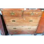 William IV teak brass bound two-section campaign chest with an arrangement of two drawers over three