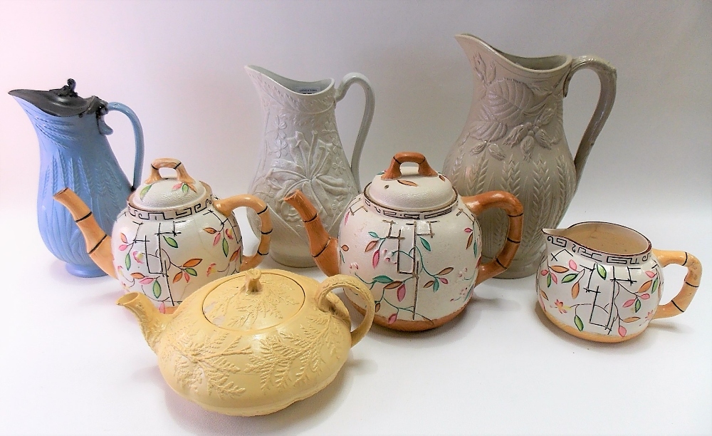 Victorian salt glazed three piece tea set with bamboo moulded handles & spouts together with three