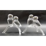 Pair of Swarovski crystal owl on branch groups, height 7.5cm.