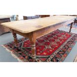 Large Victorian pine kitchen work table, the rectangular top with moulded edge, the base with two