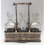 Silver plated three section decanter stand, the handle with cattle head terminals, the rectangular