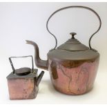 Victorian copper kettle, height 32cm; together with a copper square section kettle.