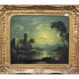 18TH CENTURY CONTINENTAL SCHOOL Ruined castle in a moonlit river landscape Oil on canvas 49cm x