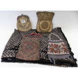 Textiles - two beaded purses, a metal thread embroidered purse, a purse with silver plate clasp