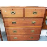 19th Century teak two-section campaign chest with two short drawers over three long drawers, width