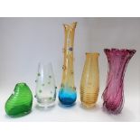 Five coloured art glass vases, the tallest 42.5cm
